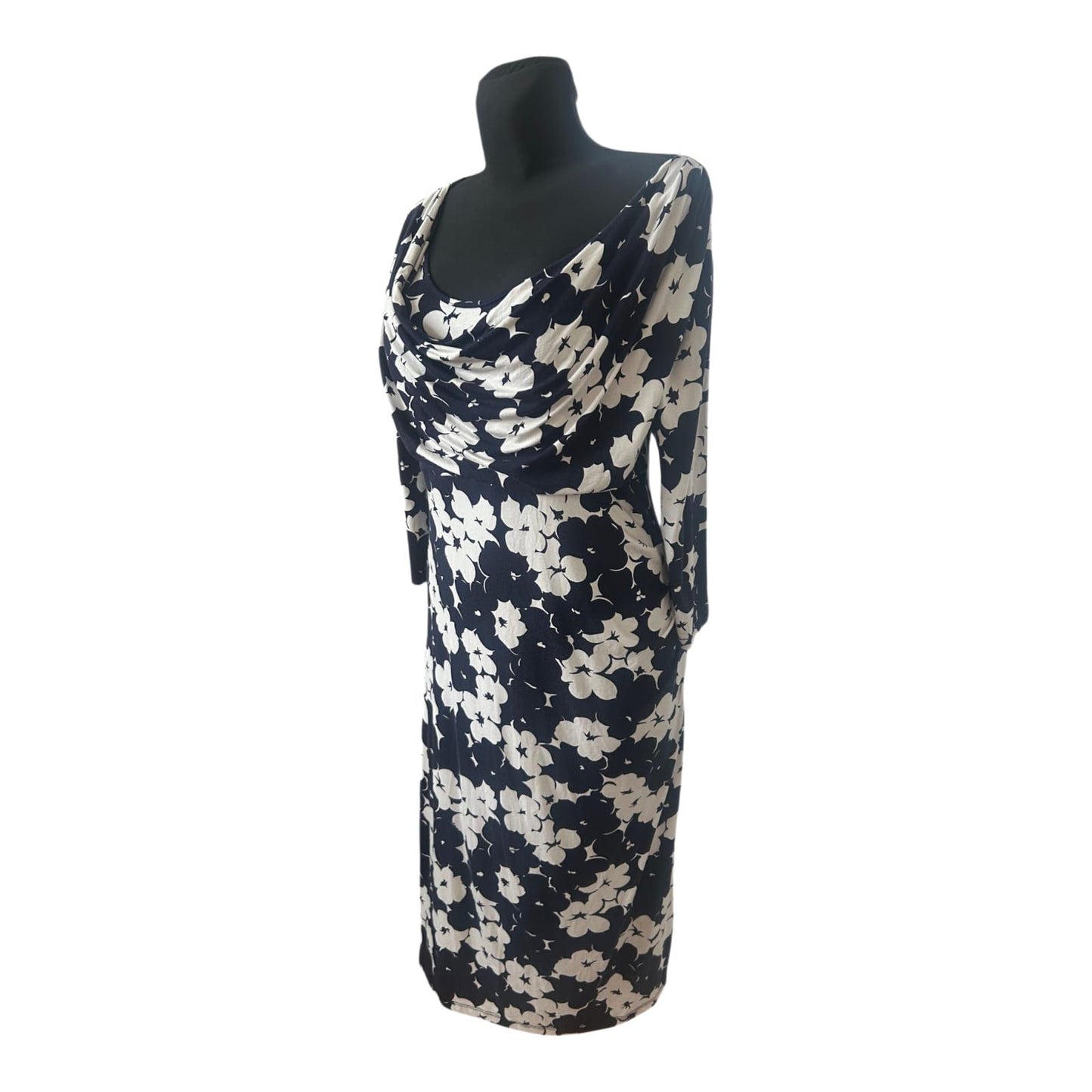 Ecoline Stockholm Kleid Dunkelblau Weiß Blumen Stretch Gr. 42 Lang Jersey
