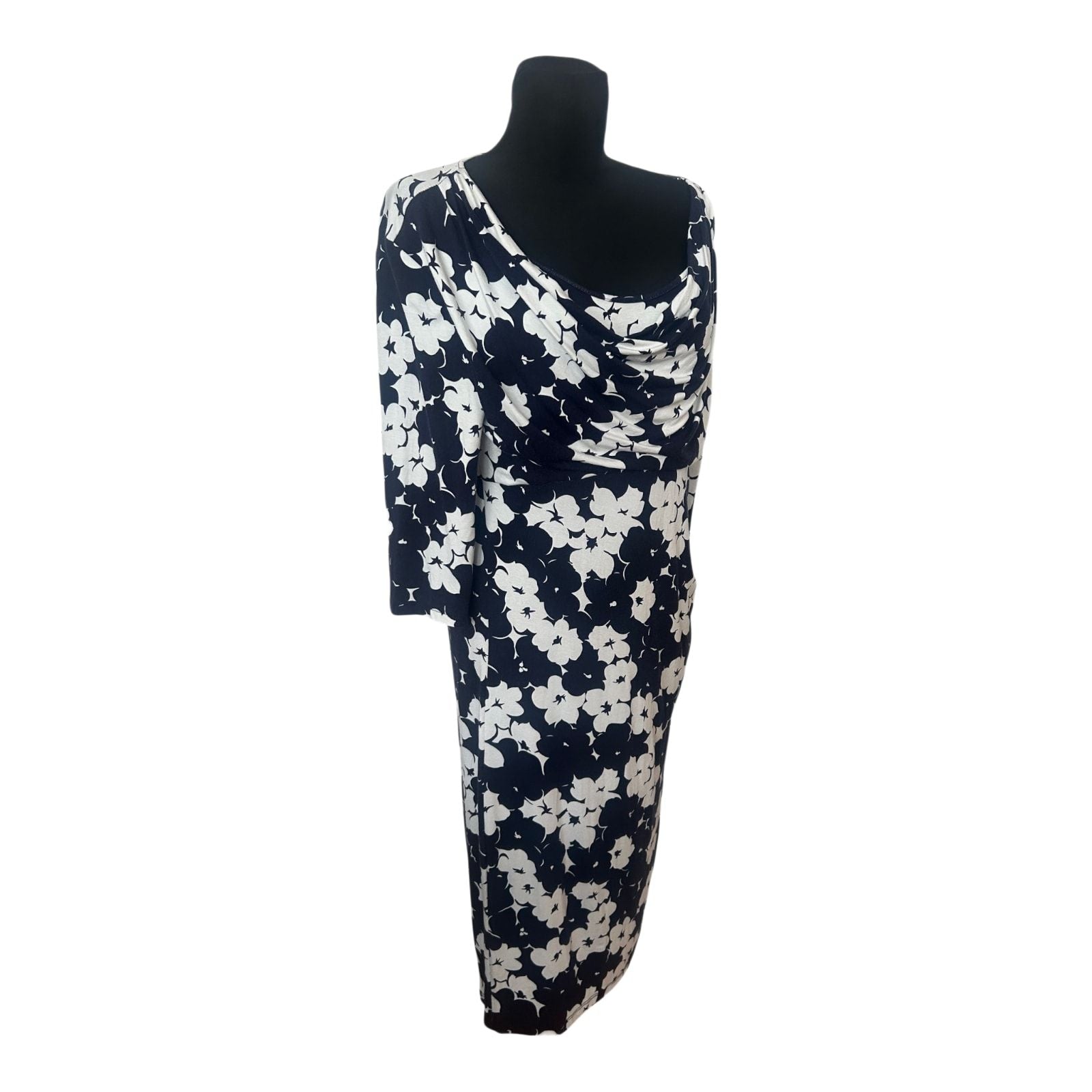 Ecoline Stockholm Kleid Dunkelblau Weiß Blumen Stretch Gr. 42 Lang Jersey