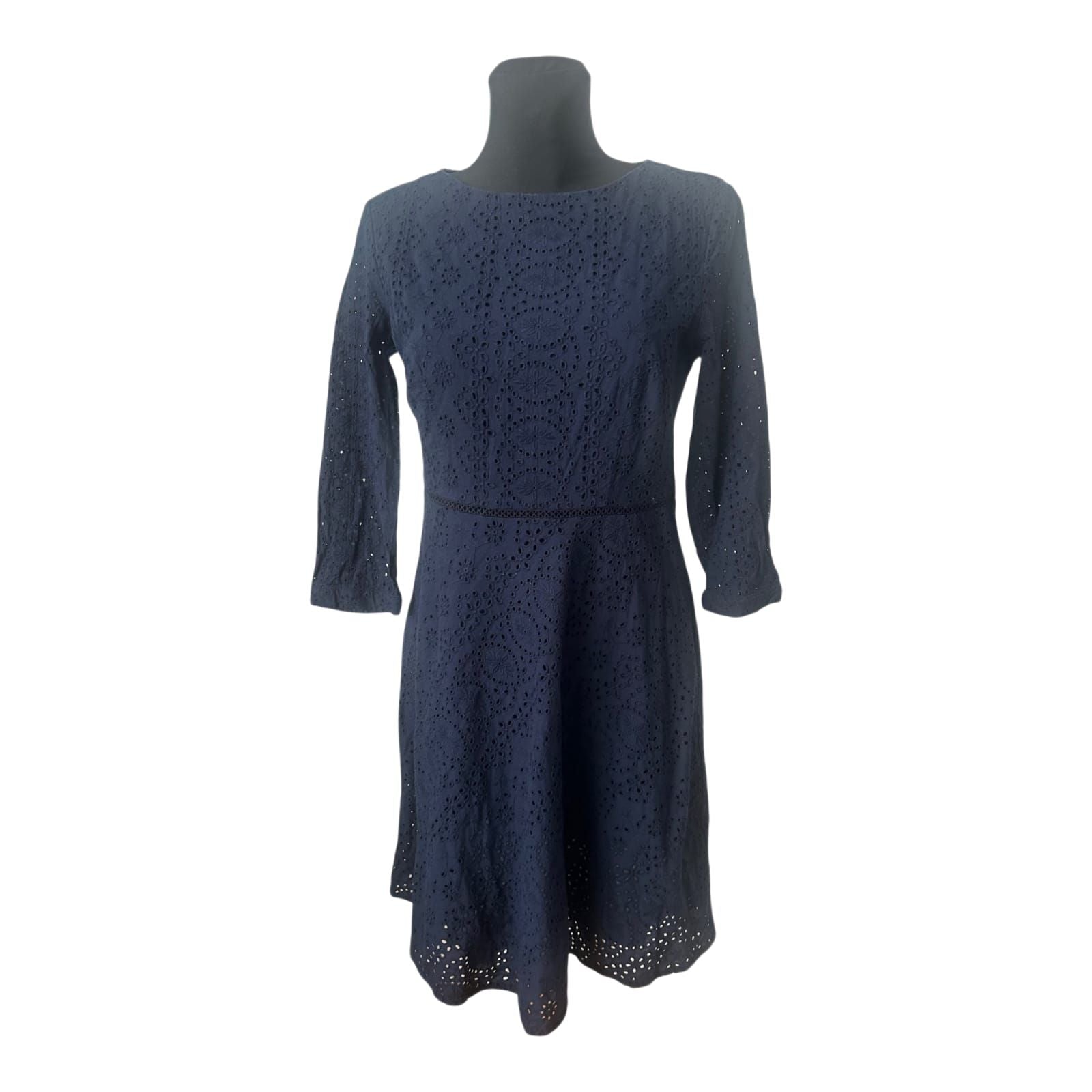 Esprit Kleid Gr. 42 Dunkelblau Lochstickerei Baumwolle A-Linie 3/4 Arm Sommer
