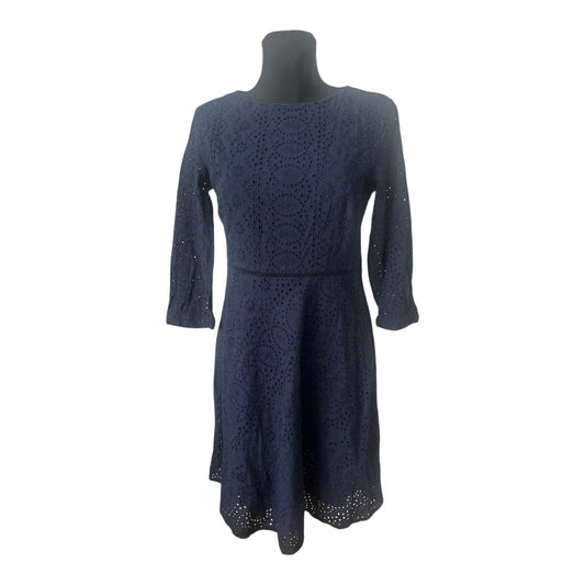 Esprit Kleid Gr. 42 Dunkelblau Lochstickerei Baumwolle A-Linie 3/4 Arm Sommer