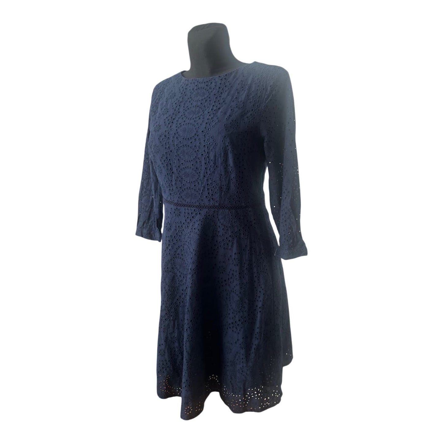 Esprit Kleid Gr. 42 Dunkelblau Lochstickerei Baumwolle A-Linie 3/4 Arm Sommer