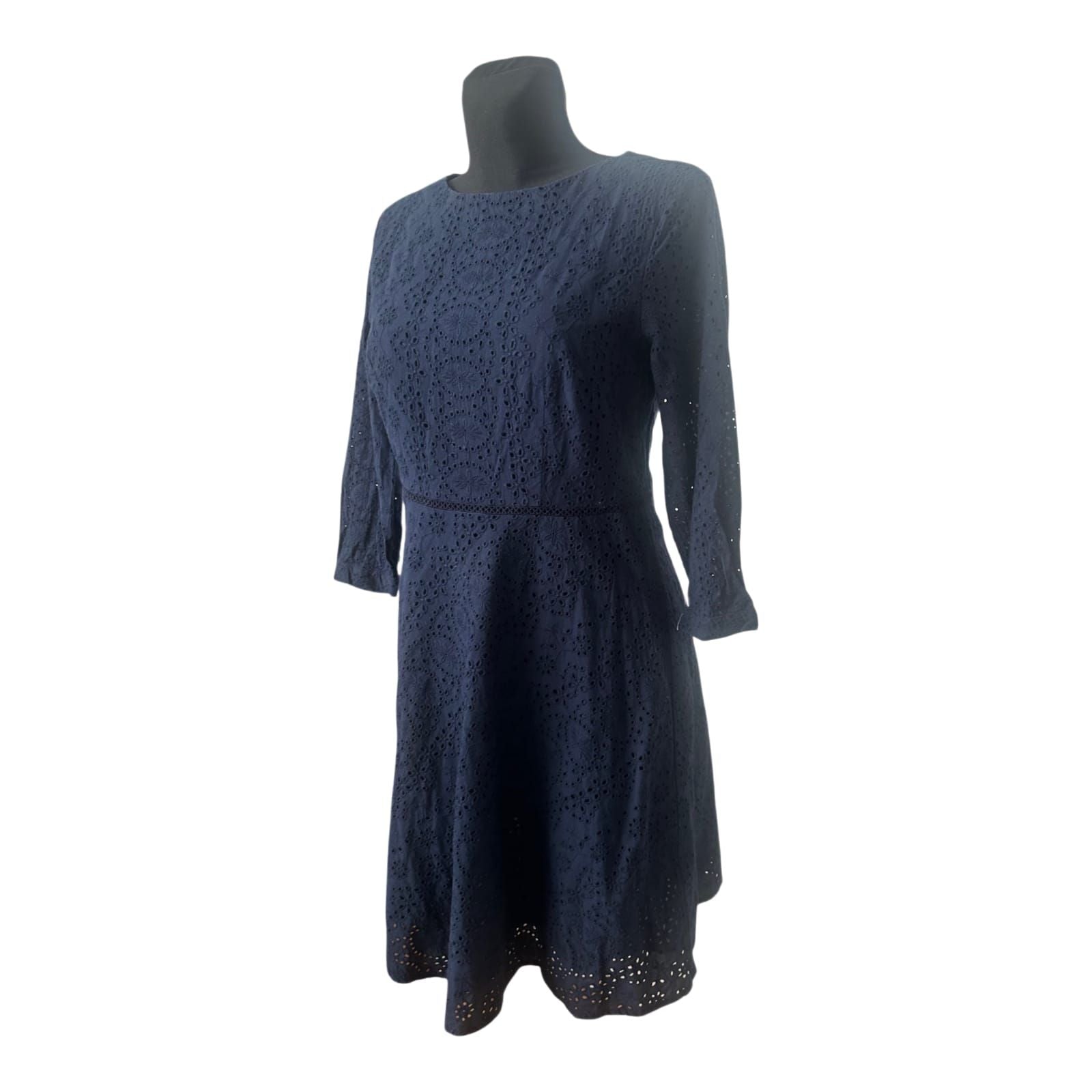 Esprit Kleid Gr. 42 Dunkelblau Lochstickerei Baumwolle A-Linie 3/4 Arm Sommer