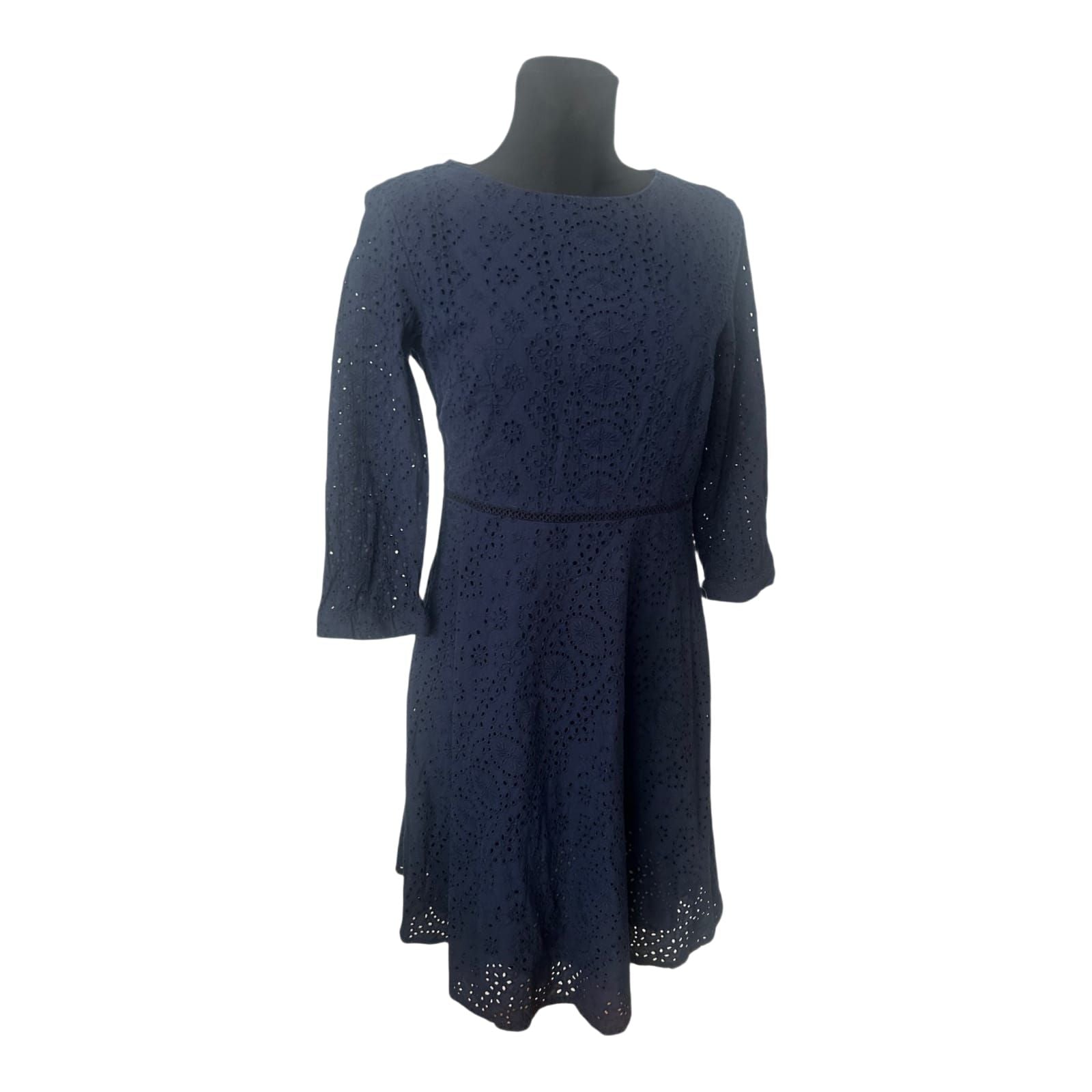 Esprit Kleid Gr. 42 Dunkelblau Lochstickerei Baumwolle A-Linie 3/4 Arm Sommer