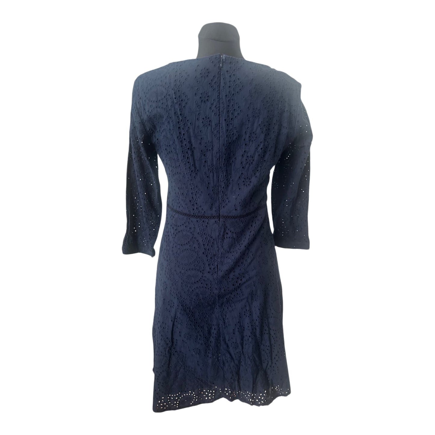 Esprit Kleid Gr. 42 Dunkelblau Lochstickerei Baumwolle A-Linie 3/4 Arm Sommer