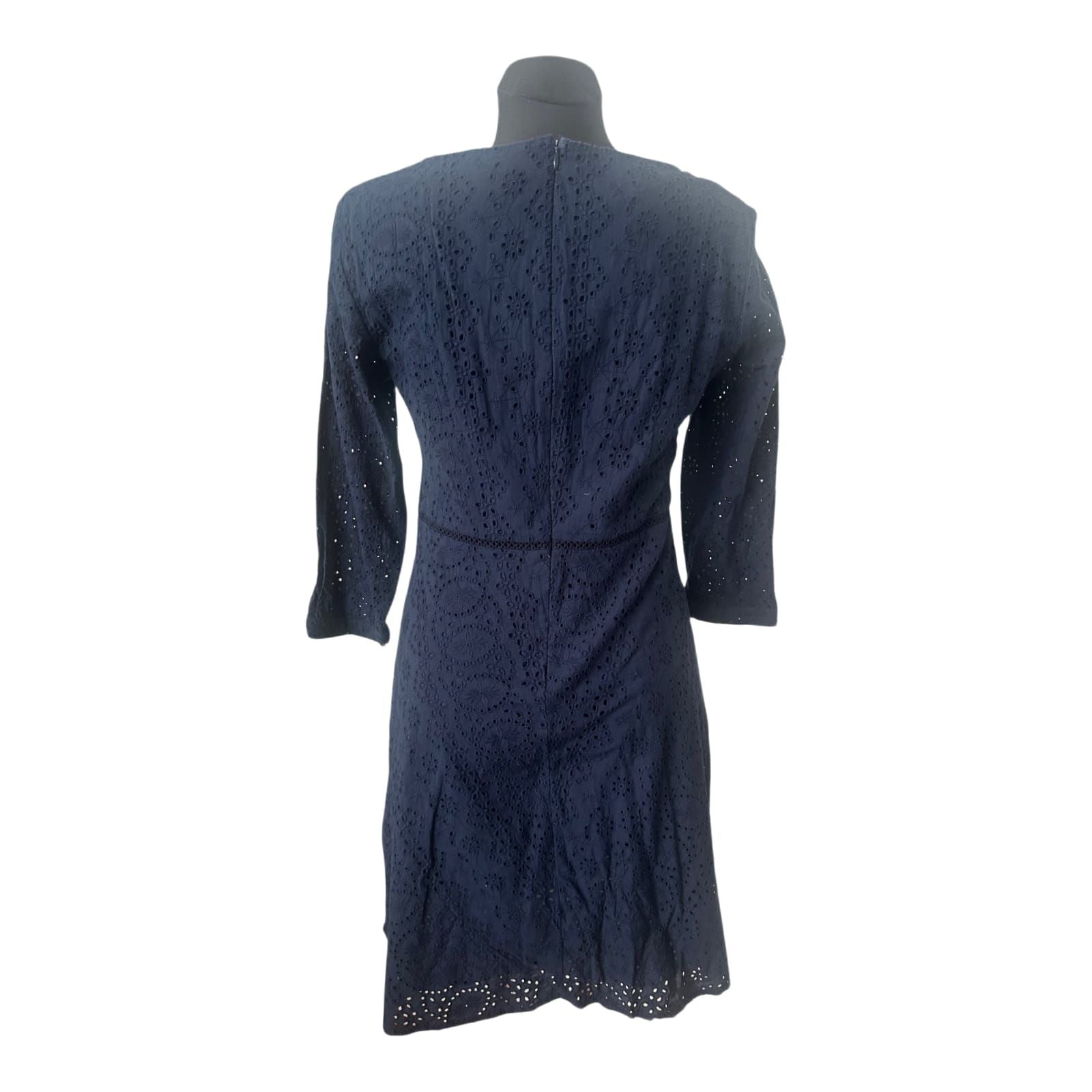 Esprit Kleid Gr. 42 Dunkelblau Lochstickerei Baumwolle A-Linie 3/4 Arm Sommer