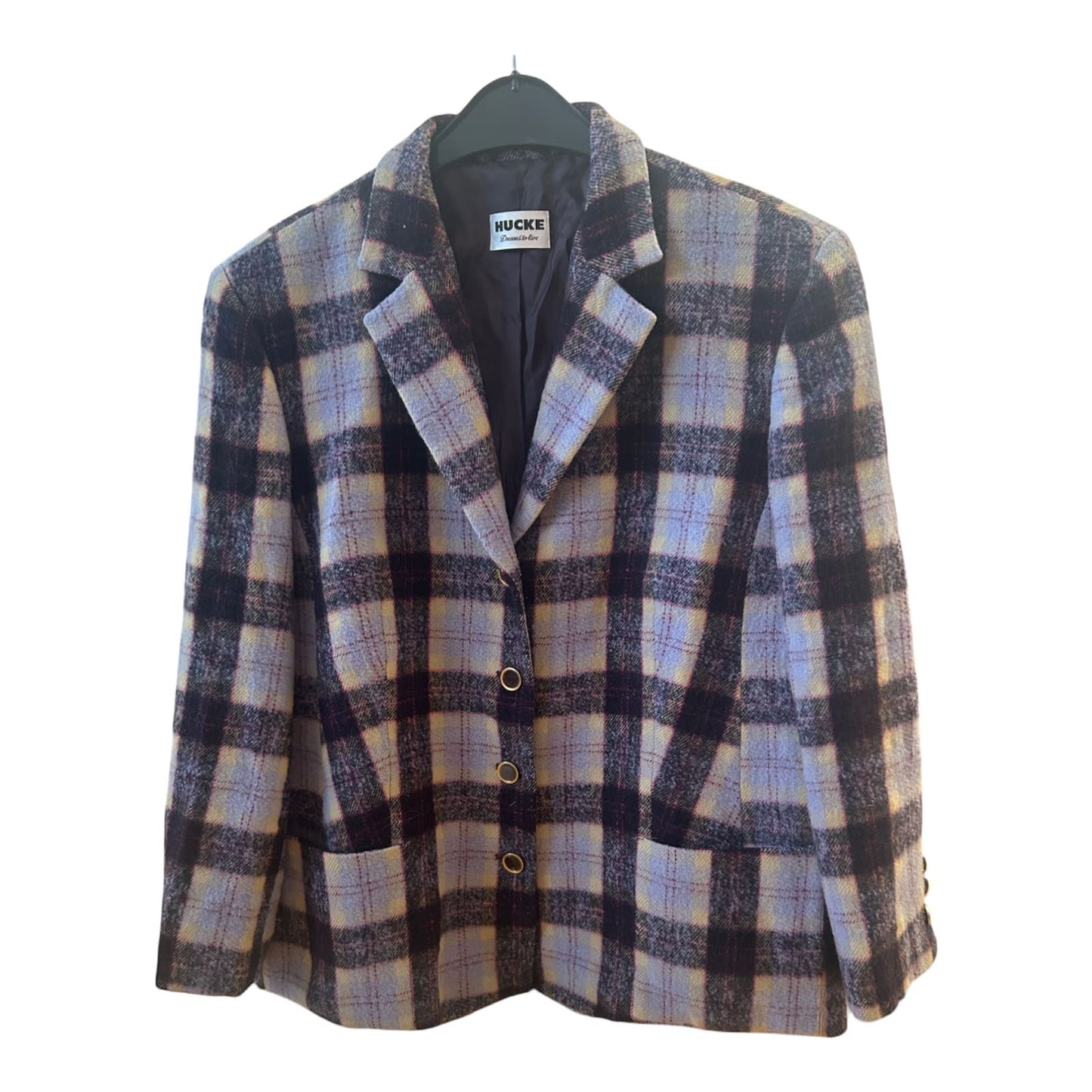 Hucke Blazer Kariert Wolle Mix Gr 44 Violett Gelb Gerade Form Herbst Winter