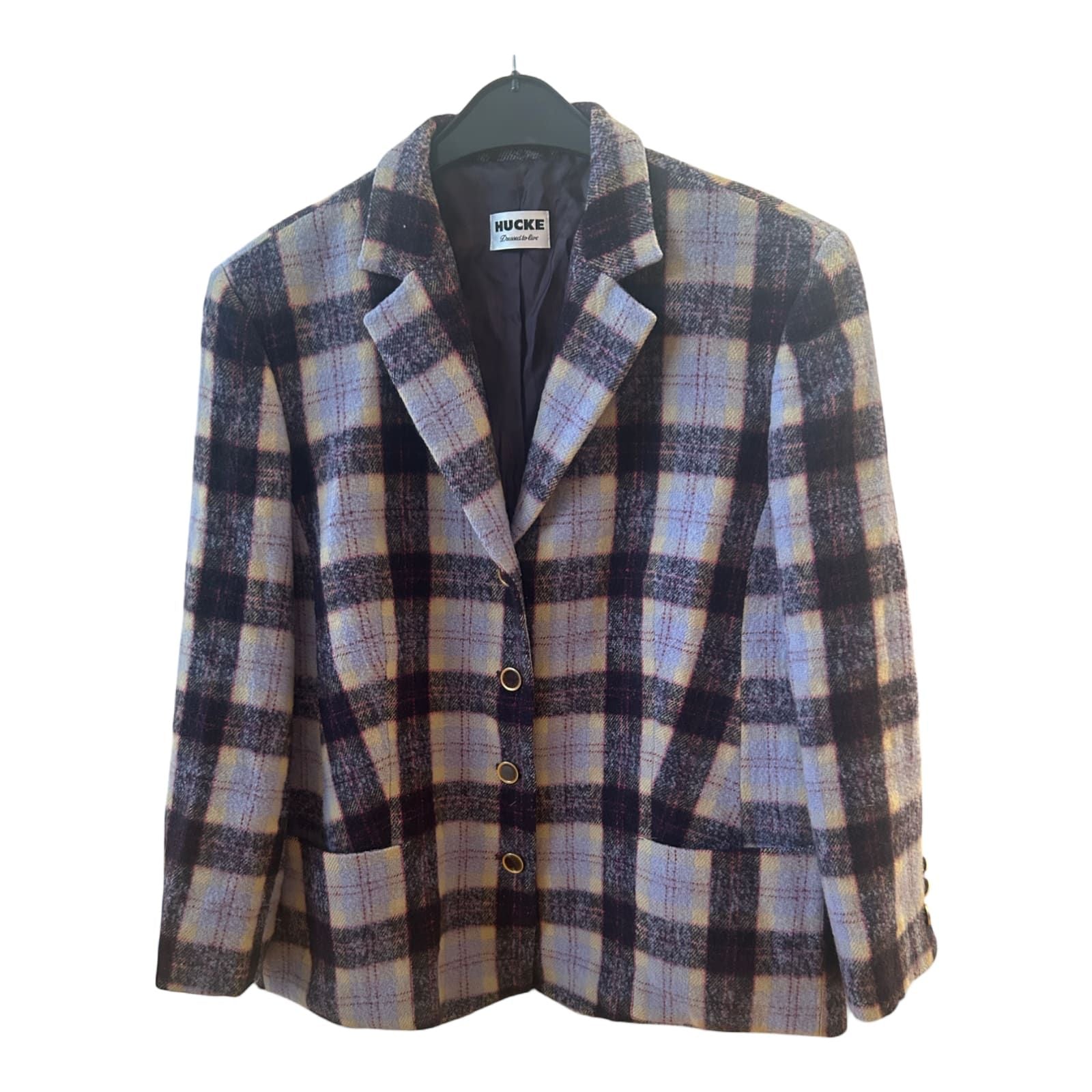 Hucke Blazer Kariert Wolle Mix Gr 44 Violett Gelb Gerade Form Herbst Winter