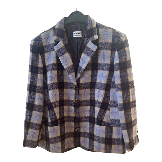 Hucke Blazer Kariert Wolle Mix Gr 44 Violett Gelb Gerade Form Herbst Winter