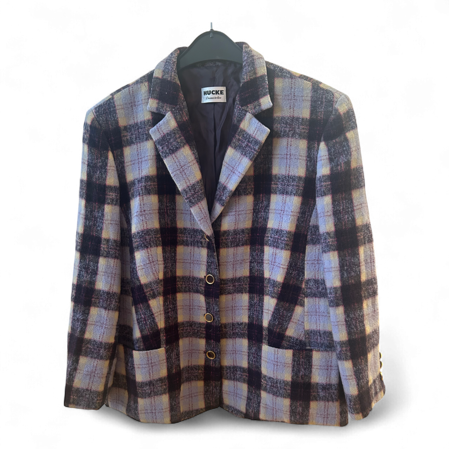 Hucke Blazer Kariert Wolle Mix Gr 44 Violett Gelb Gerade Form Herbst Winter