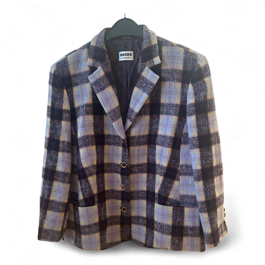 Hucke Blazer Kariert Wolle Mix Gr 44 Violett Gelb Gerade Form Herbst Winter