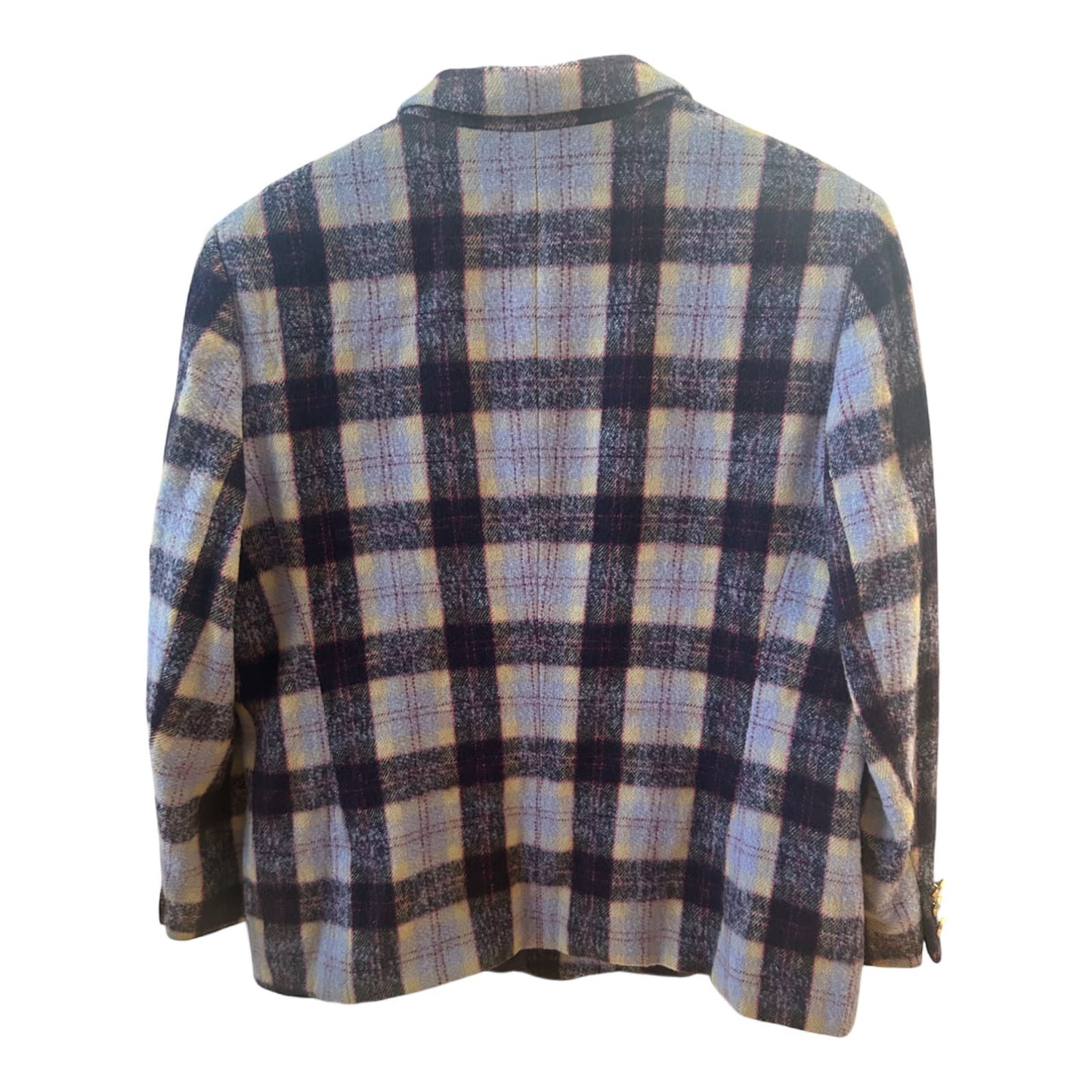 Hucke Blazer Kariert Wolle Mix Gr 44 Violett Gelb Gerade Form Herbst Winter