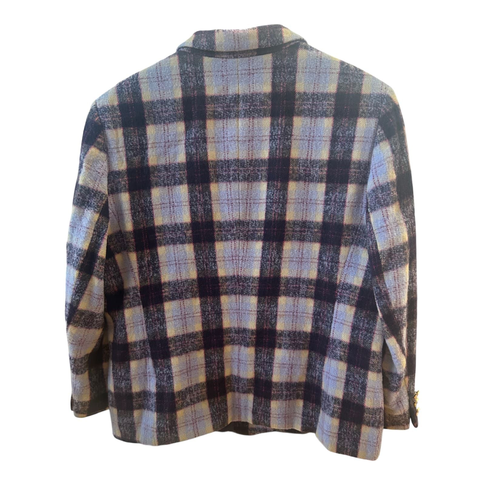 Hucke Blazer Kariert Wolle Mix Gr 44 Violett Gelb Gerade Form Herbst Winter