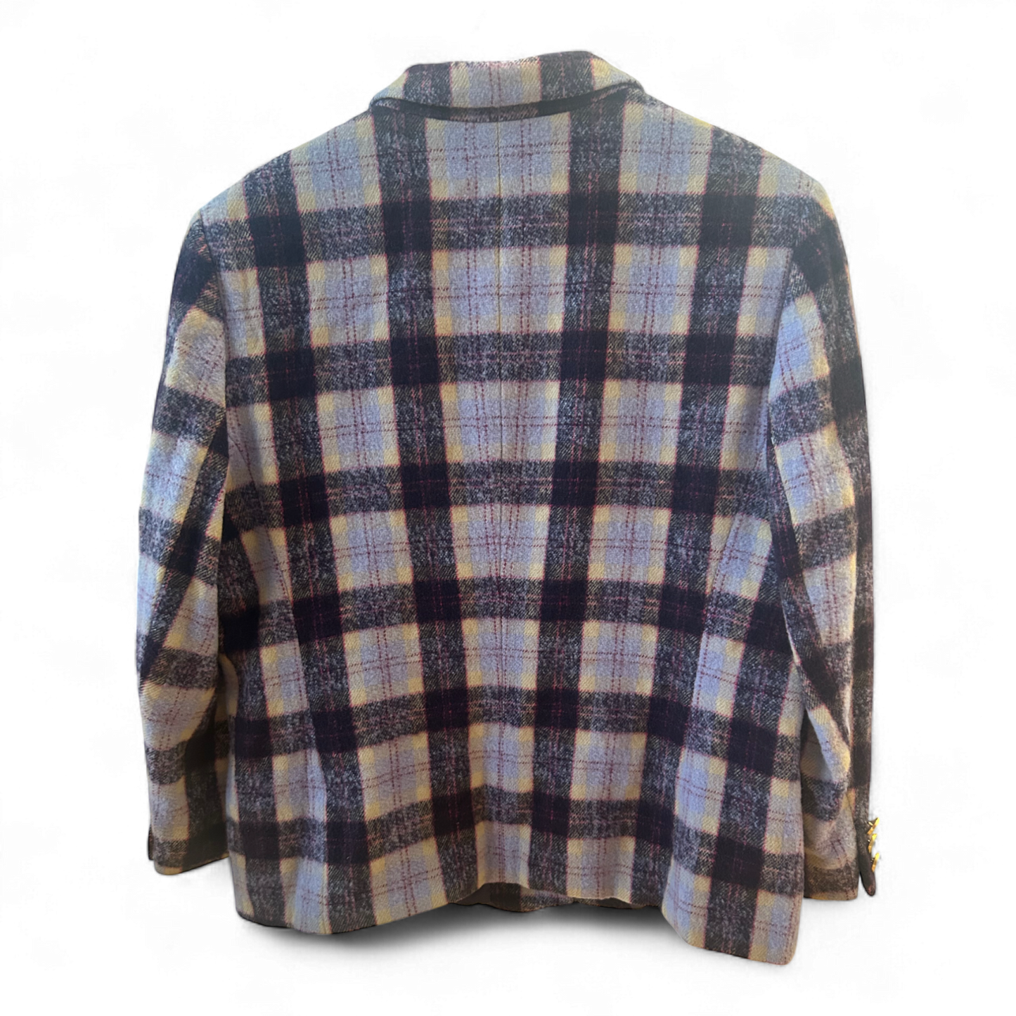 Hucke Blazer Kariert Wolle Mix Gr 44 Violett Gelb Gerade Form Herbst Winter