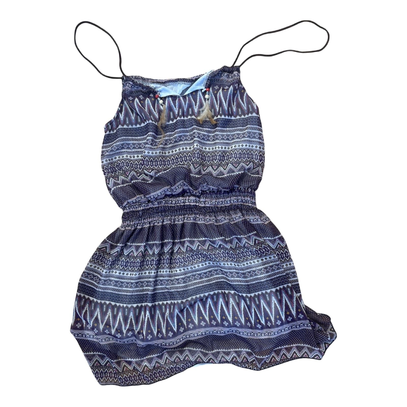 Damen Kleid Dress Sommerkleid Gr. 40 Lila Braun Ethno Träger Federn Gummizug