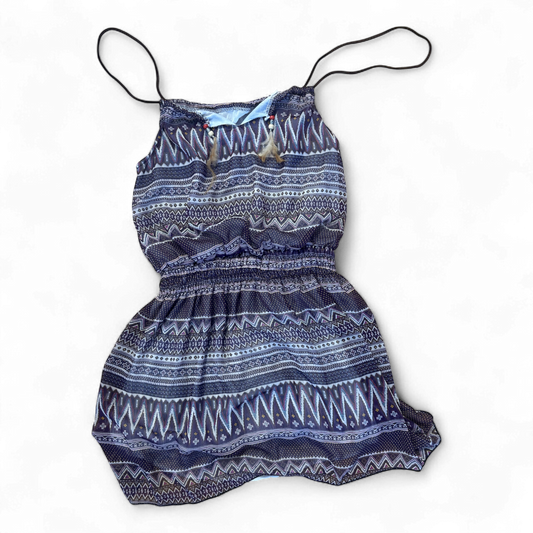 Damen Kleid Dress Sommerkleid Gr. 40 Lila Braun Ethno Träger Federn Gummizug