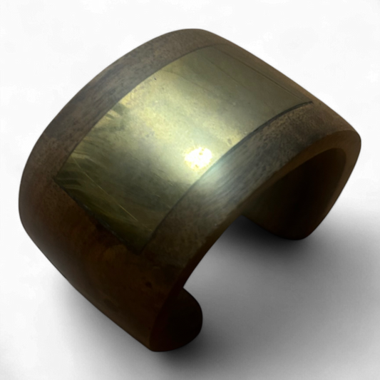 Armreif Holz Messingplatte Vintage Handgemacht Breit 5,5 cm Umfang 22 cm Offen