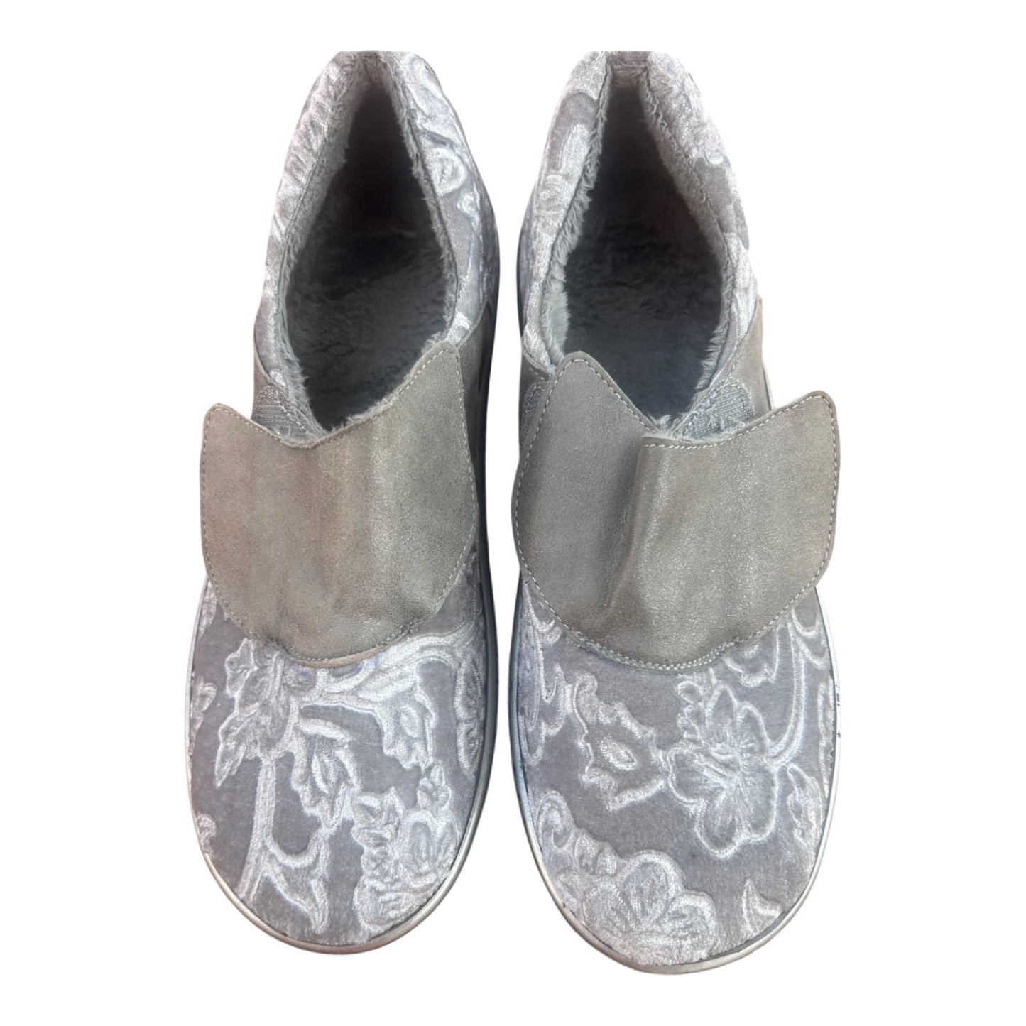 Warme Hausschuhe Gr. 42 grau floral mit Futter Vintage Look Filzoptik
