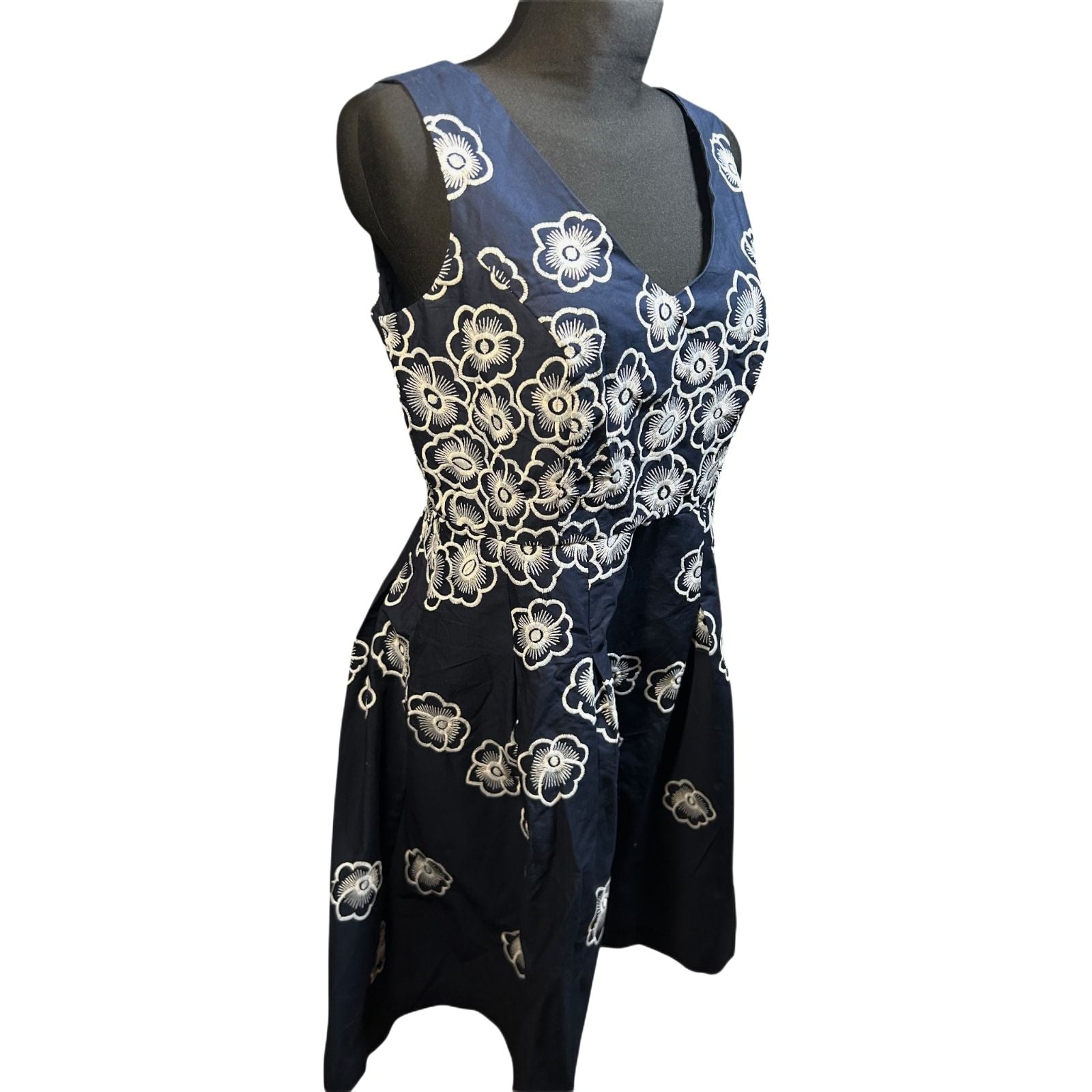 Yessica Kleid Damen Gr 40 Dunkelblau Blumen Stickerei Baumwolle Elegant
