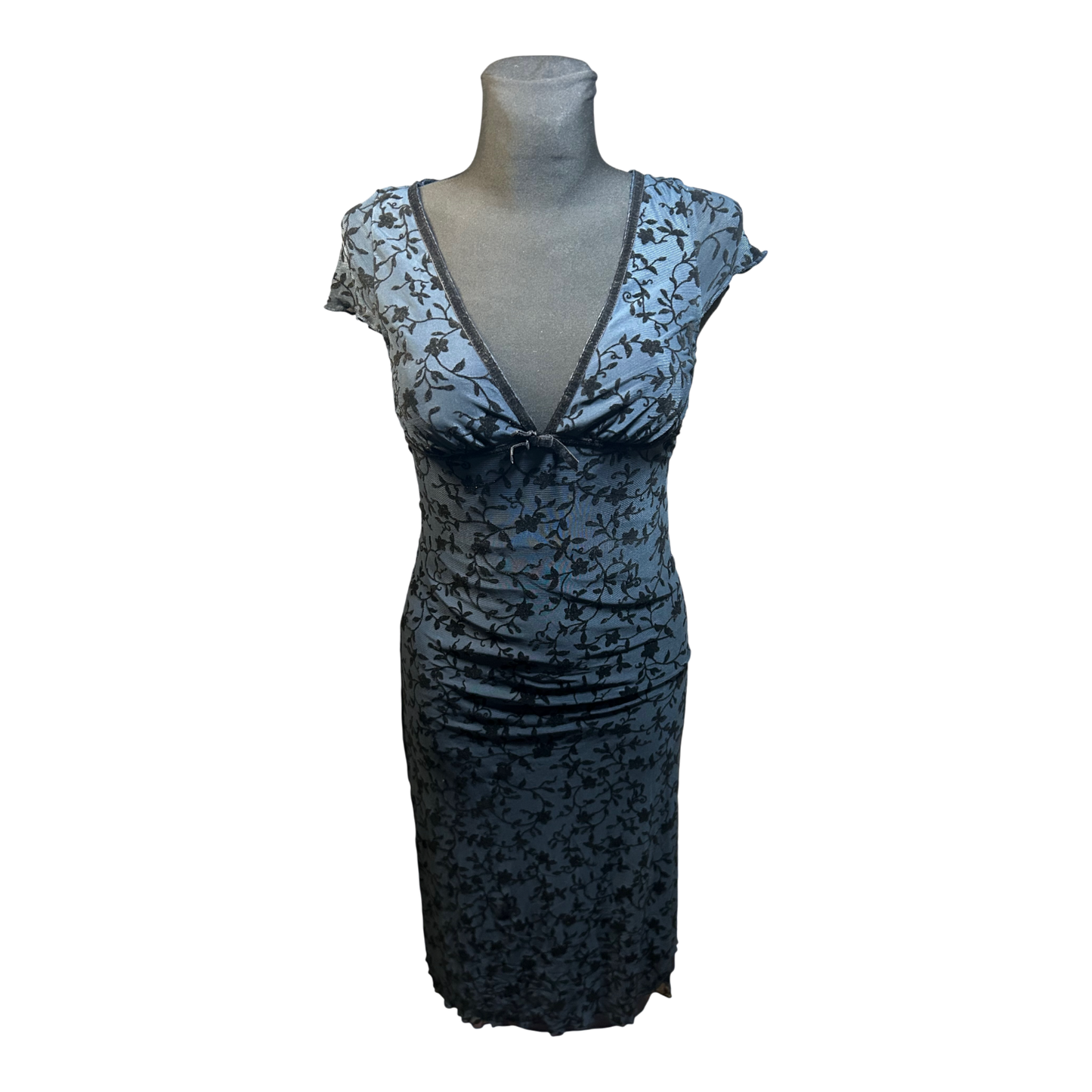 Motel Kleid Damen XS Blau Schwarz Spitze Floral Elegant V Ausschnitt Sommer