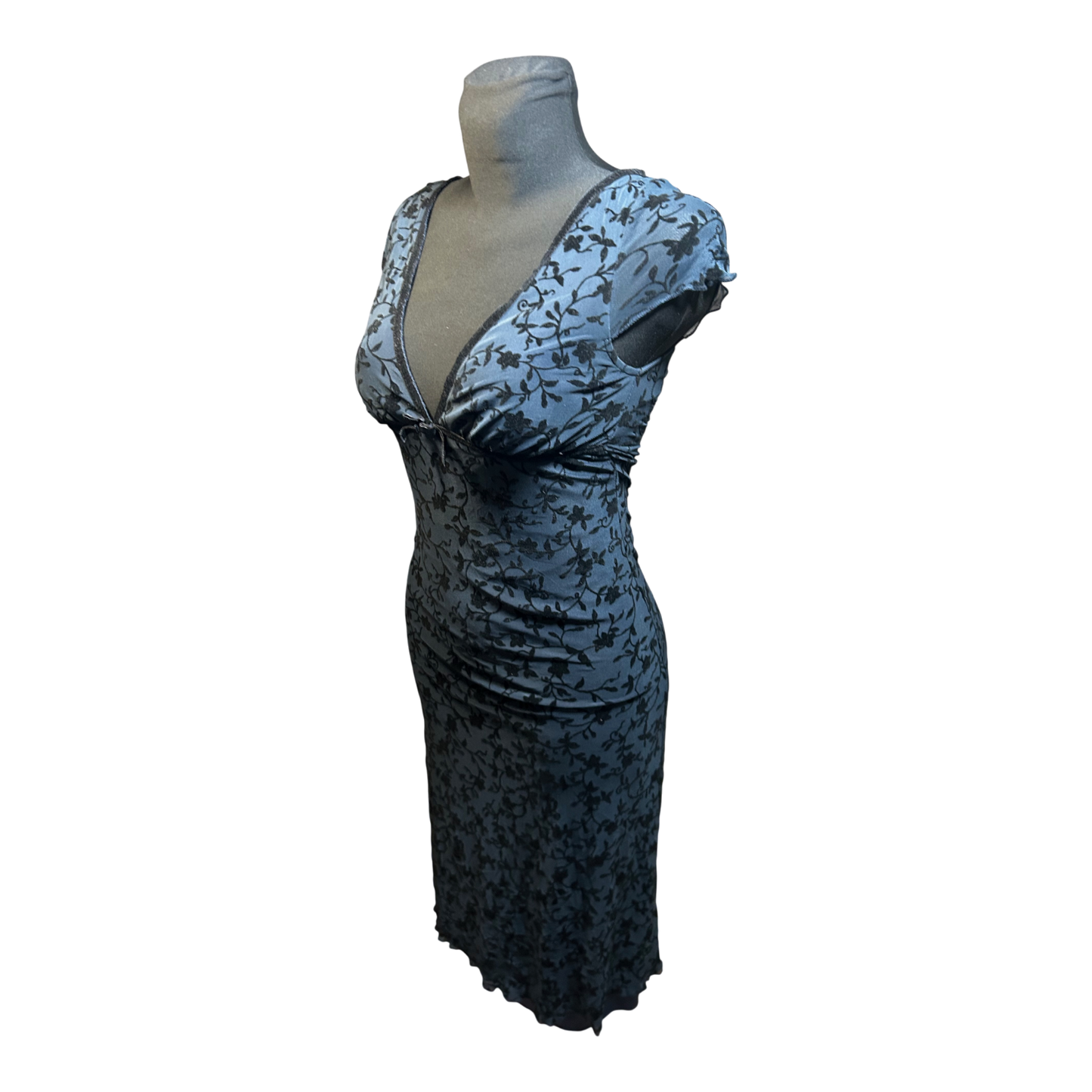 Motel Kleid Damen XS Blau Schwarz Spitze Floral Elegant V Ausschnitt Sommer