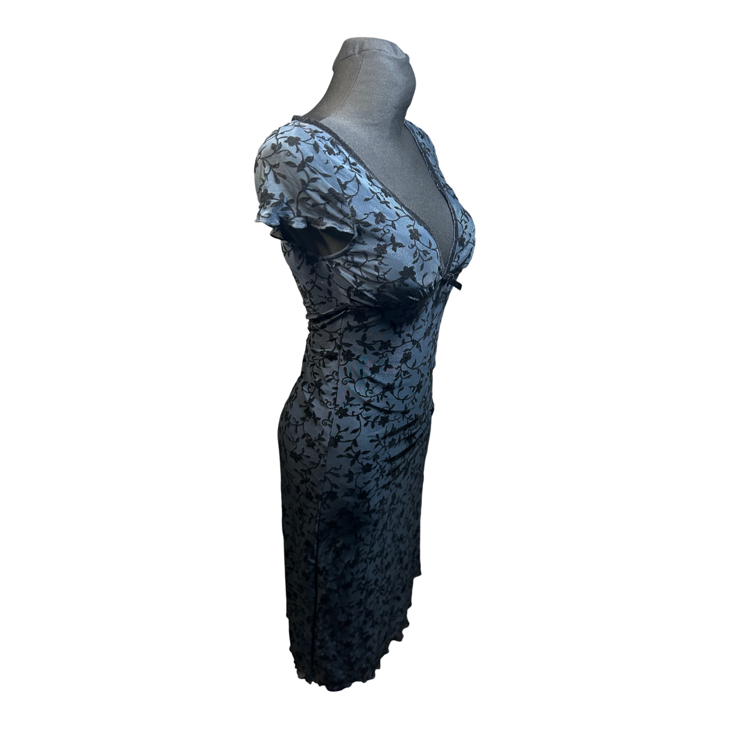 Motel Kleid Damen XS Blau Schwarz Spitze Floral Elegant V Ausschnitt Sommer