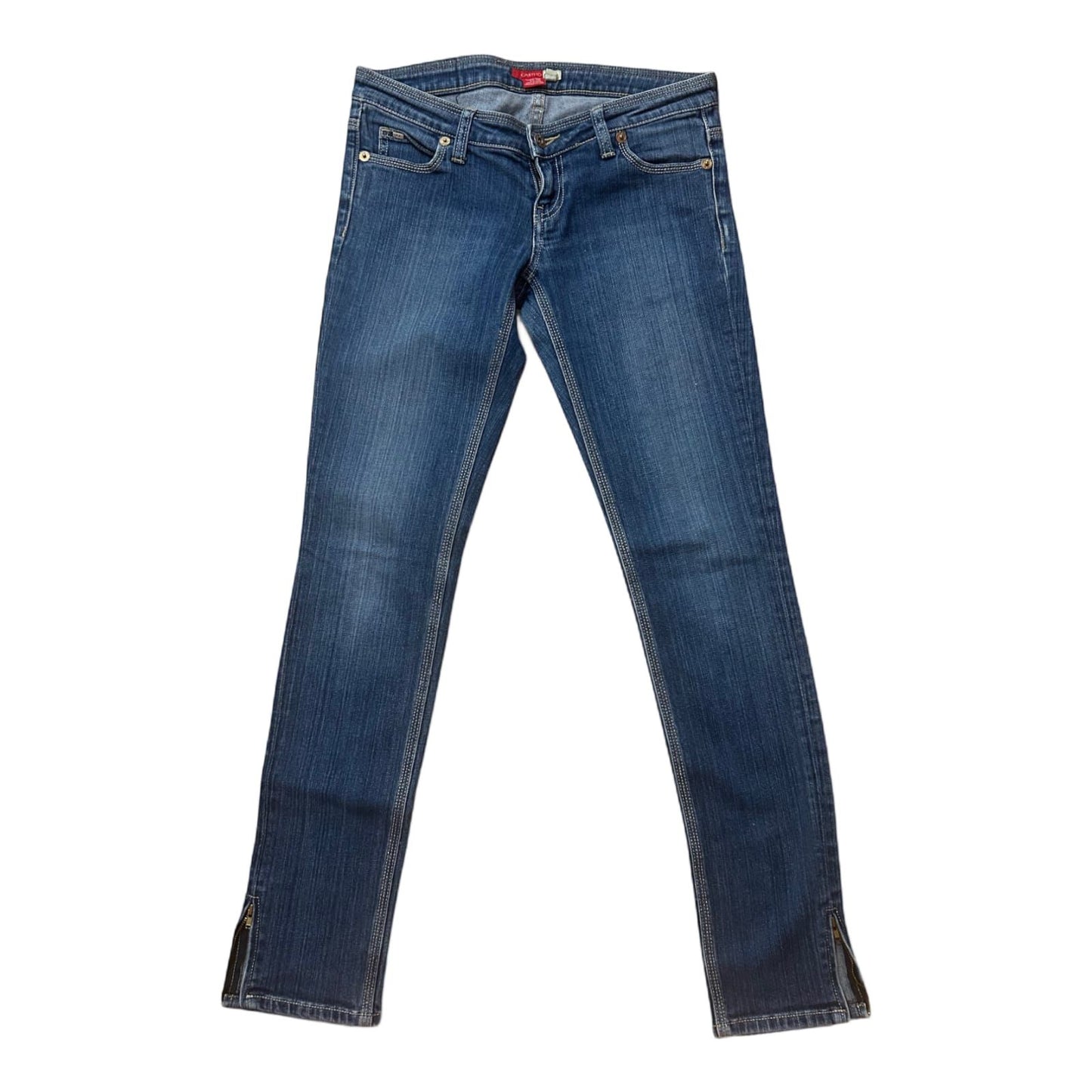 Castro Skinny Jeans Gr 38 Stretch Denim Dunkelblau Zipper Saum Gold Logo Patch