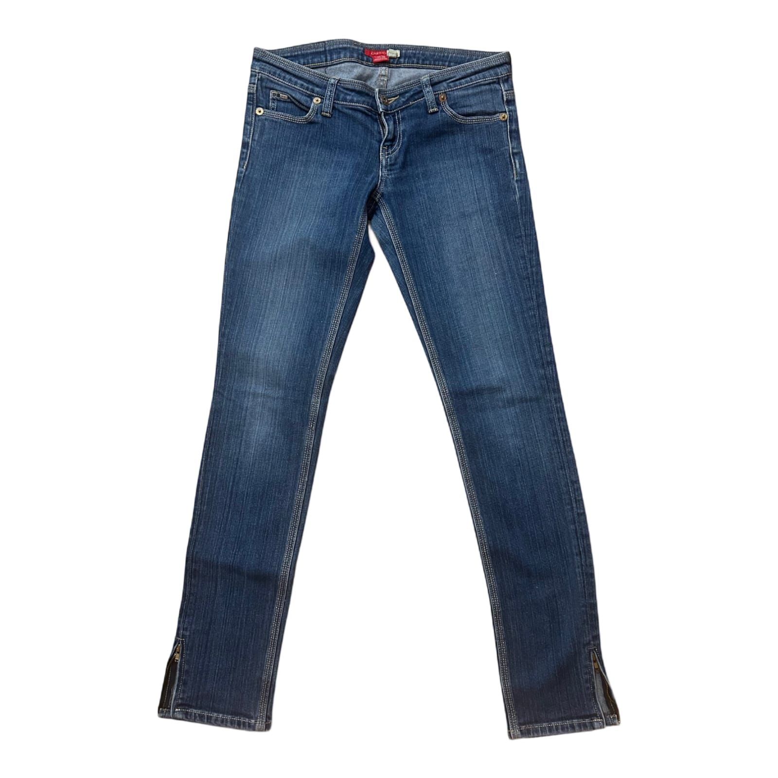Castro Skinny Jeans Gr 38 Stretch Denim Dunkelblau Zipper Saum Gold Logo Patch