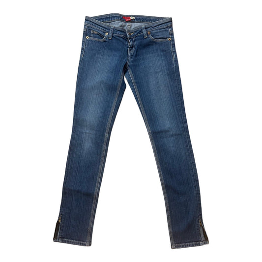Castro Skinny Jeans Gr 38 Stretch Denim Dunkelblau Zipper Saum Gold Logo Patch