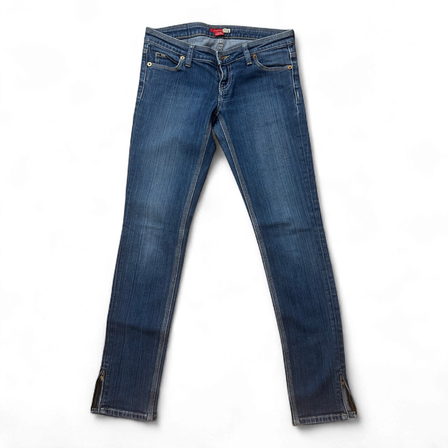 Castro Skinny Jeans Gr 38 Stretch Denim Dunkelblau Zipper Saum Gold Logo Patch