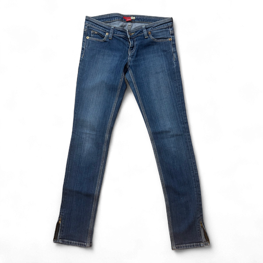 Castro Skinny Jeans Gr 38 Stretch Denim Dunkelblau Zipper Saum Gold Logo Patch