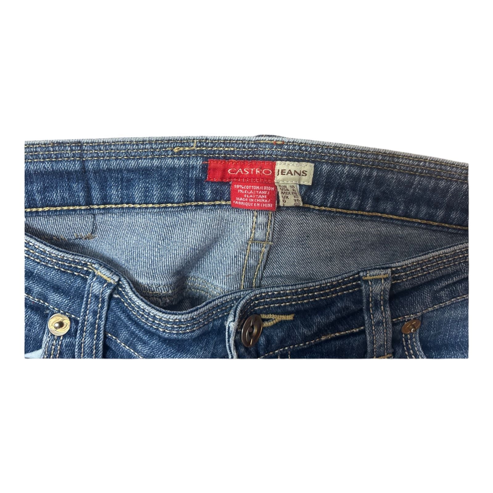 Castro Skinny Jeans Gr 38 Stretch Denim Dunkelblau Zipper Saum Gold Logo Patch