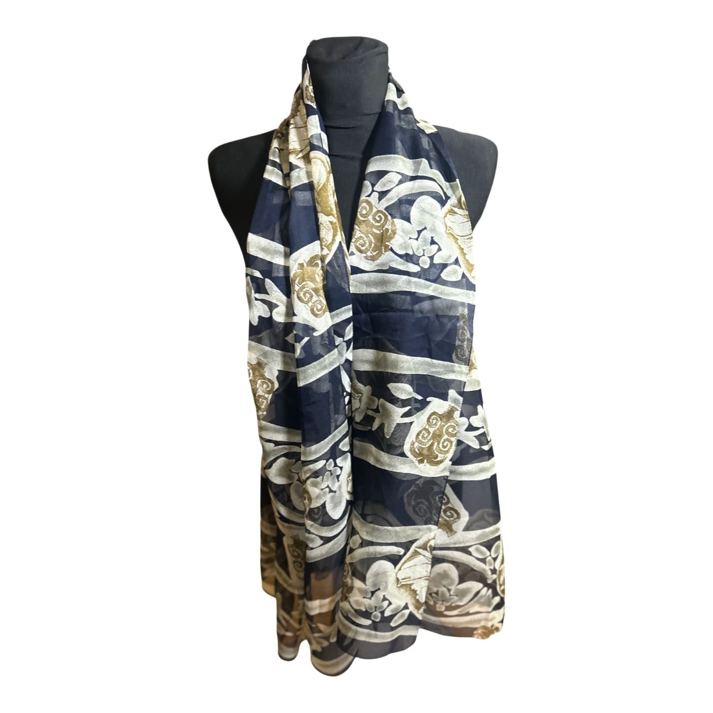 Wunderschöner Damen Schal Blau Beige Muster Elegant Leicht Poly 180 x 80 cm