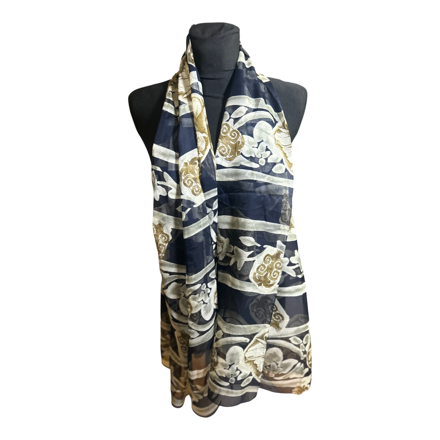 Wunderschöner Damen Schal Blau Beige Muster Elegant Leicht Poly 180 x 80 cm