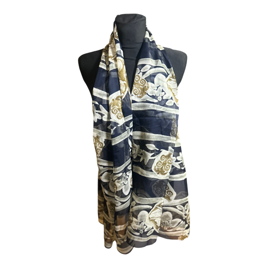 Wunderschöner Damen Schal Blau Beige Muster Elegant Leicht Poly 180 x 80 cm