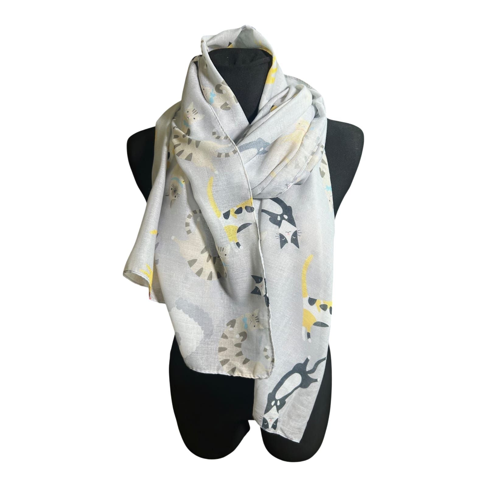 Katzen Schal Damen Tuch 180x70 Grau Gelb Baumwollmix Leicht Sommer Modern Chic