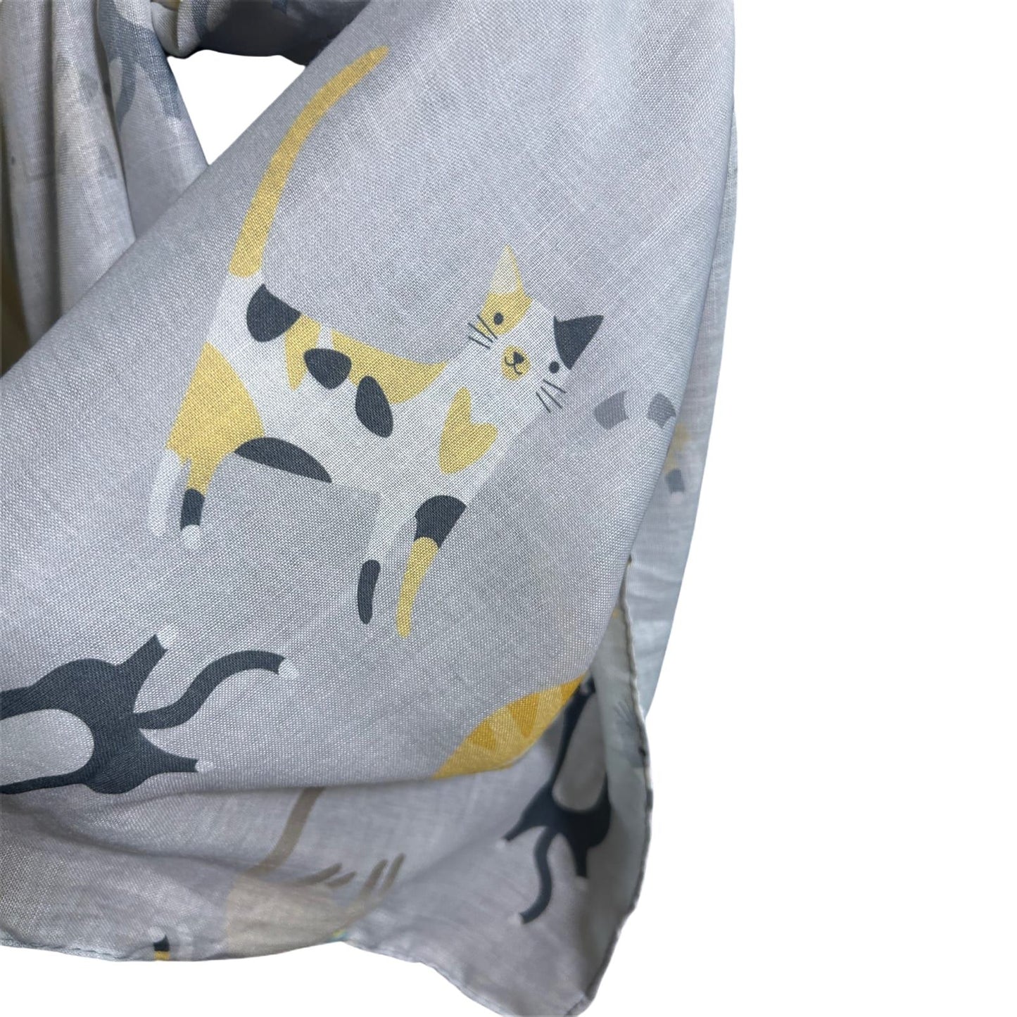 Katzen Schal Damen Tuch 180x70 Grau Gelb Baumwollmix Leicht Sommer Modern Chic