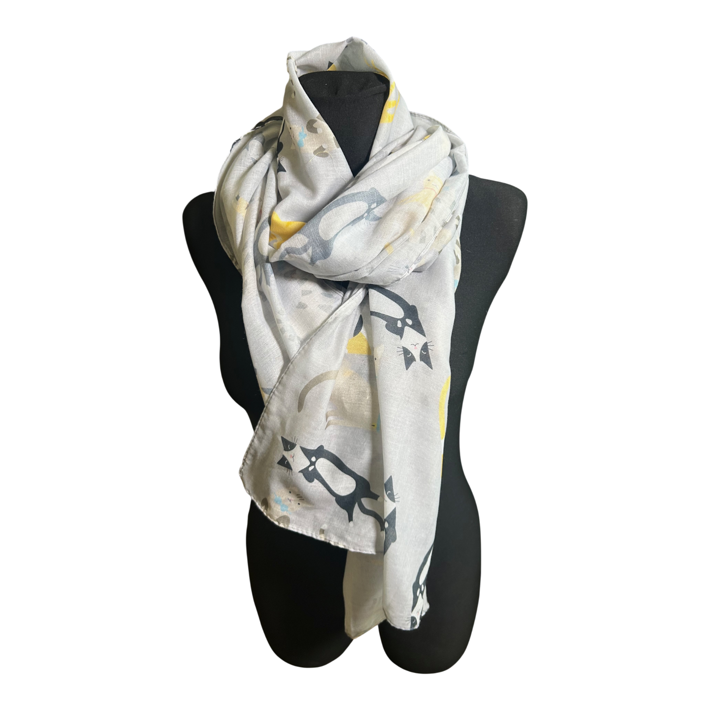 Katzen Schal Damen Tuch 180x70 Grau Gelb Baumwollmix Leicht Sommer Modern Chic