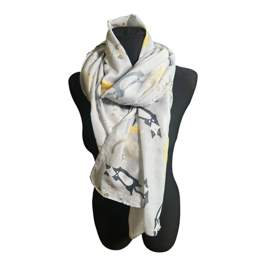 Katzen Schal Damen Tuch 180x70 Grau Gelb Baumwollmix Leicht Sommer Modern Chic