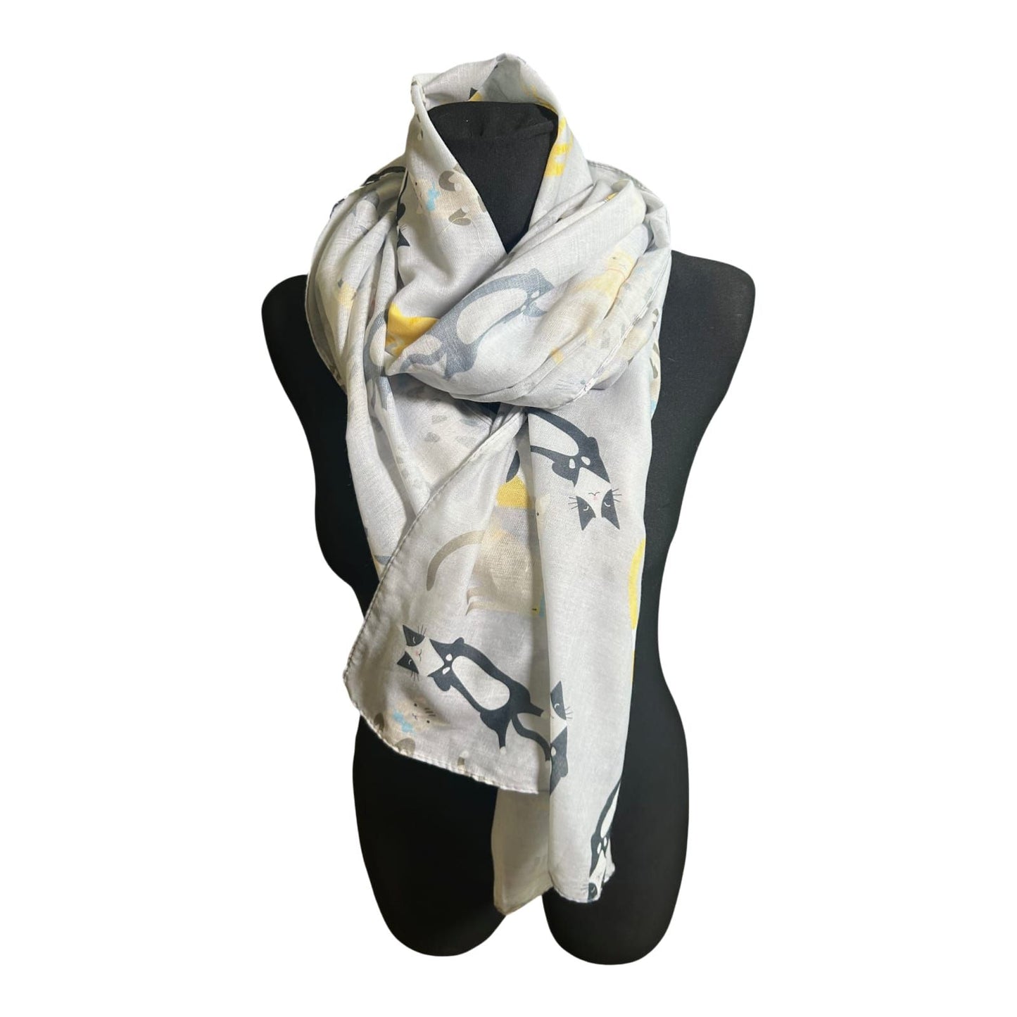 Katzen Schal Damen Tuch 180x70 Grau Gelb Baumwollmix Leicht Sommer Modern Chic