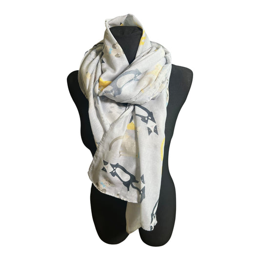 Katzen Schal Damen Tuch 180x70 Grau Gelb Baumwollmix Leicht Sommer Modern Chic