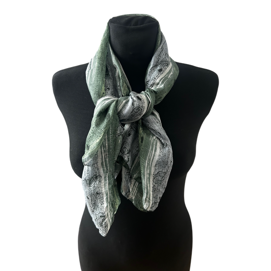 Seidentuch Damen Tuch Schal 100 x 100 Grün Grau Muster Elegant Leicht