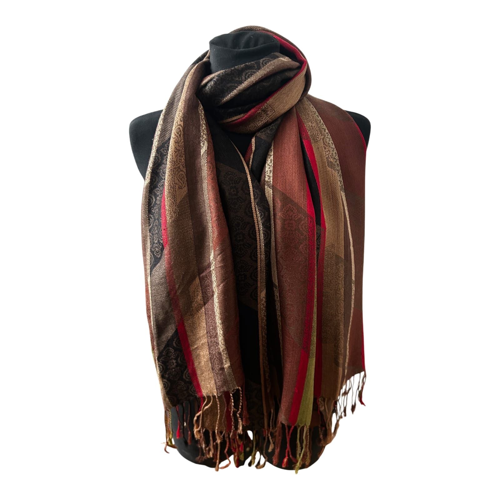 Damen Schal Tuch Streifen Muster Braun Beige Rot Grün Elegant Grosse Winter Chic