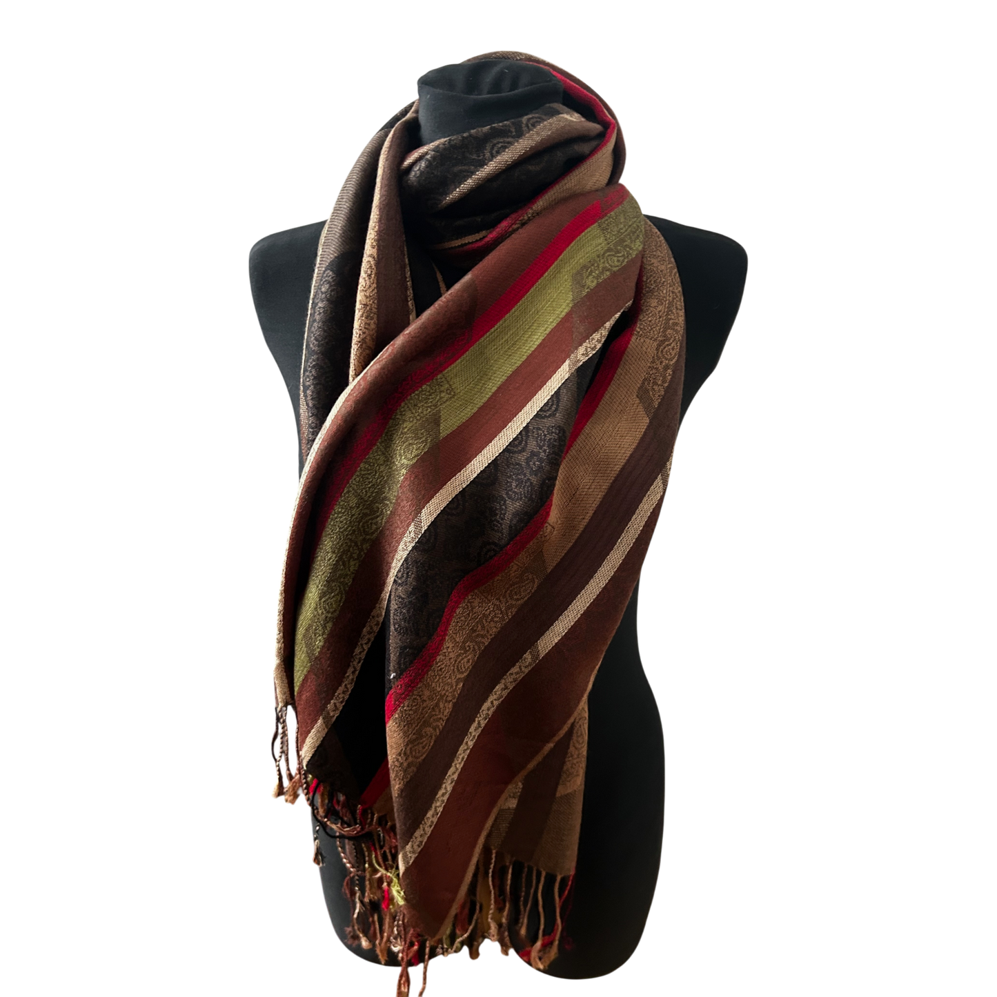 Damen Schal Tuch Streifen Muster Braun Beige Rot Grün Elegant Grosse Winter Chic