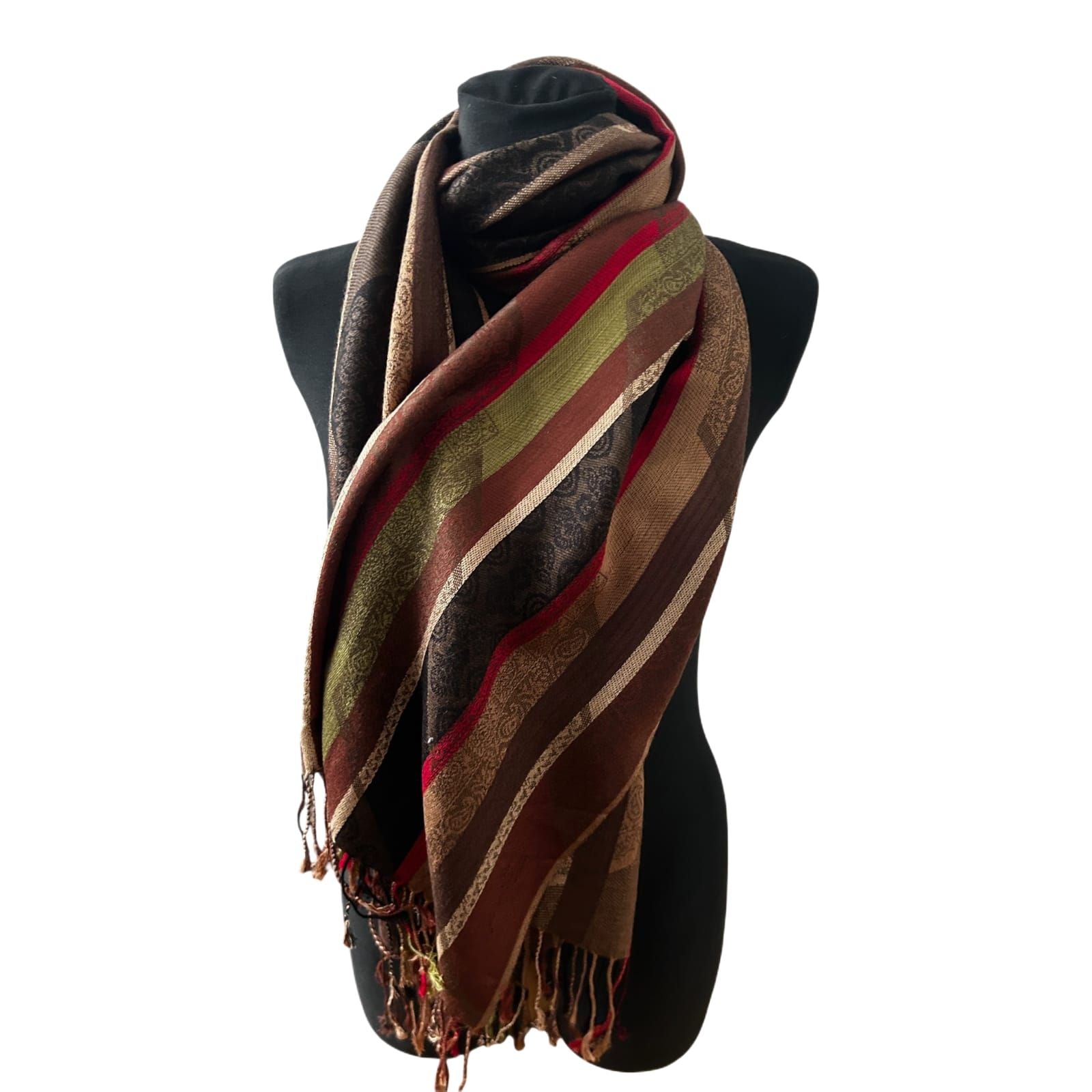 Damen Schal Tuch Streifen Muster Braun Beige Rot Grün Elegant Grosse Winter Chic
