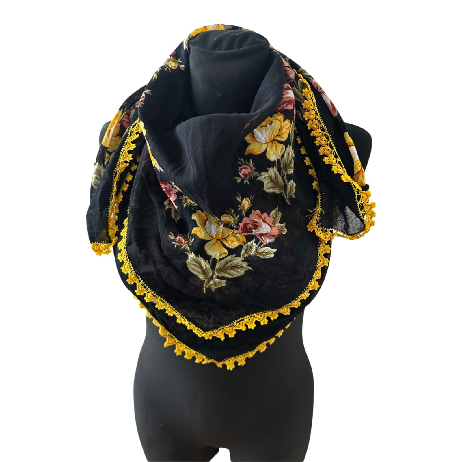 GökkuSagi Dreieckstuch Schal Damen Blumen Schwarz Gelbe Spitze Baumwollmix