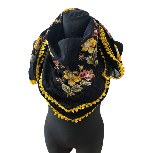GökkuSagi Dreieckstuch Schal Damen Blumen Schwarz Gelbe Spitze Baumwollmix