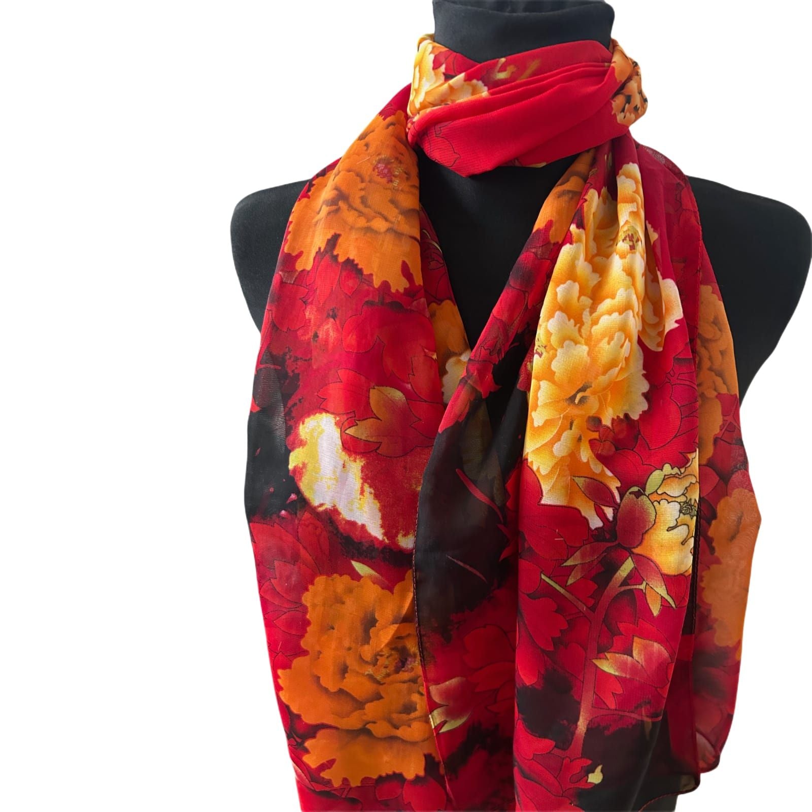 Damen Schal Blumen Rot Gelb Schwarz 145 x 50 cm Polyester