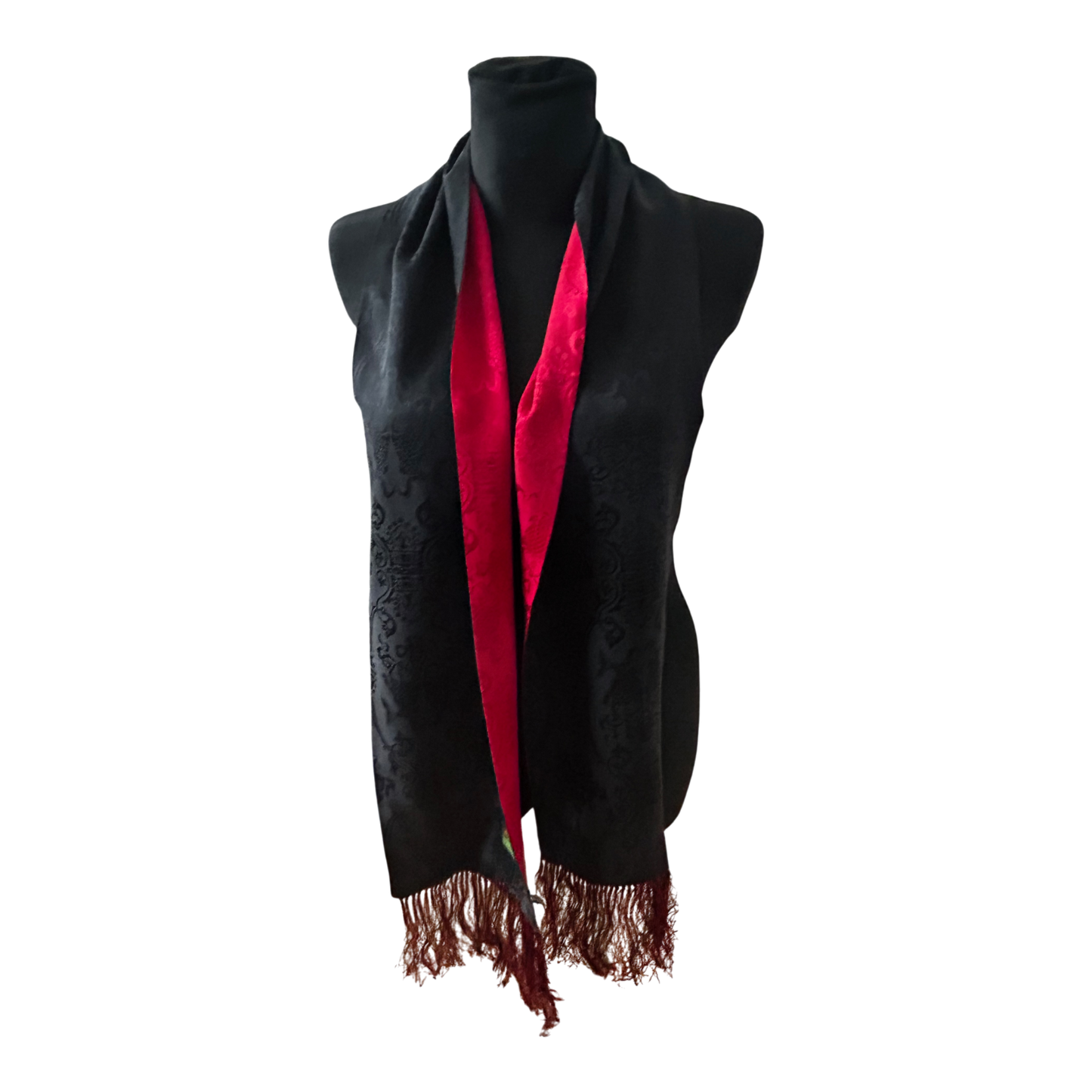 Damen Seidenschal Rot Schwarz Asia Muster 170 x 21 cm