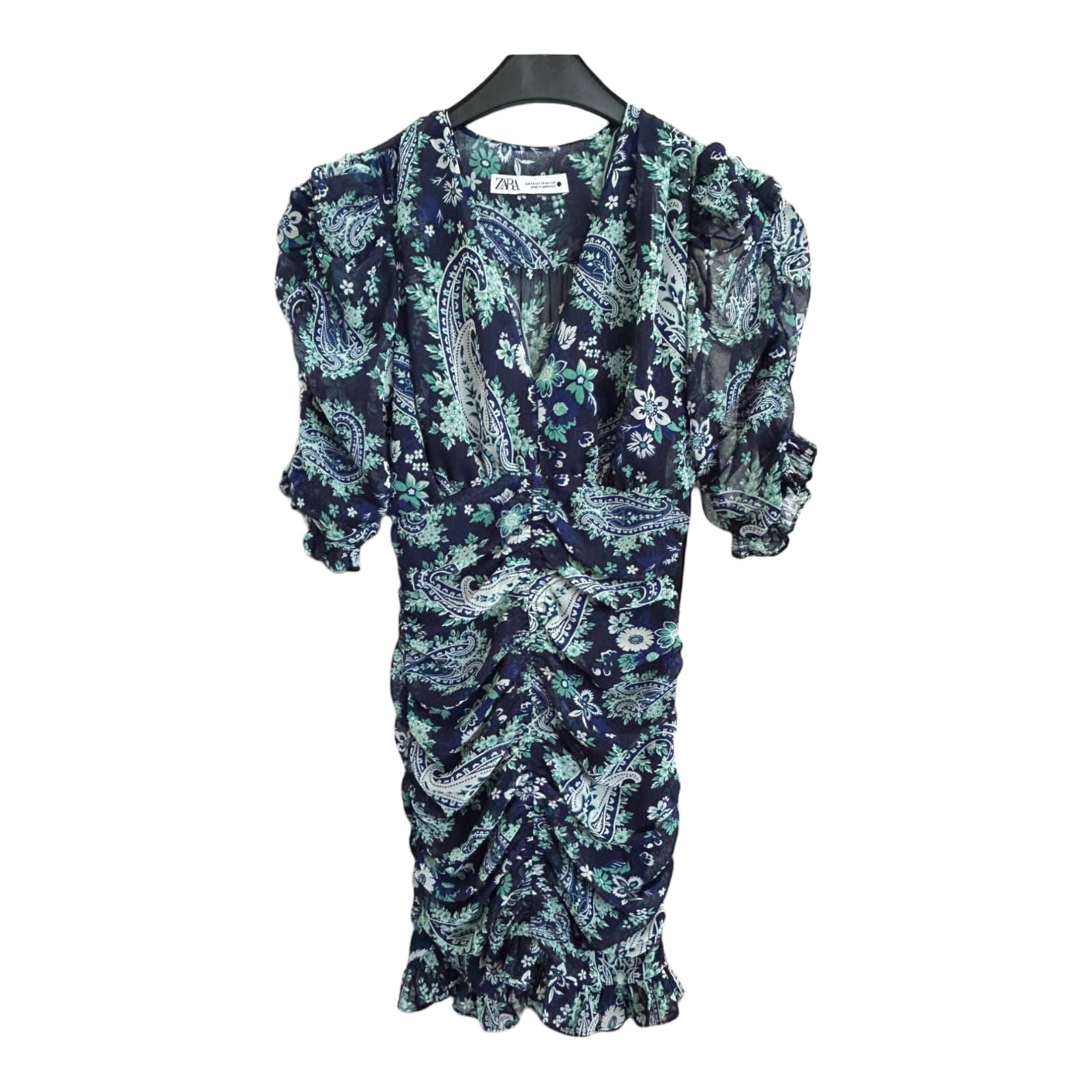 Zara Kleid Damen Dress Damenkleid Gr. XS Blau Grün Paisley Stretch V-Ausschnitt