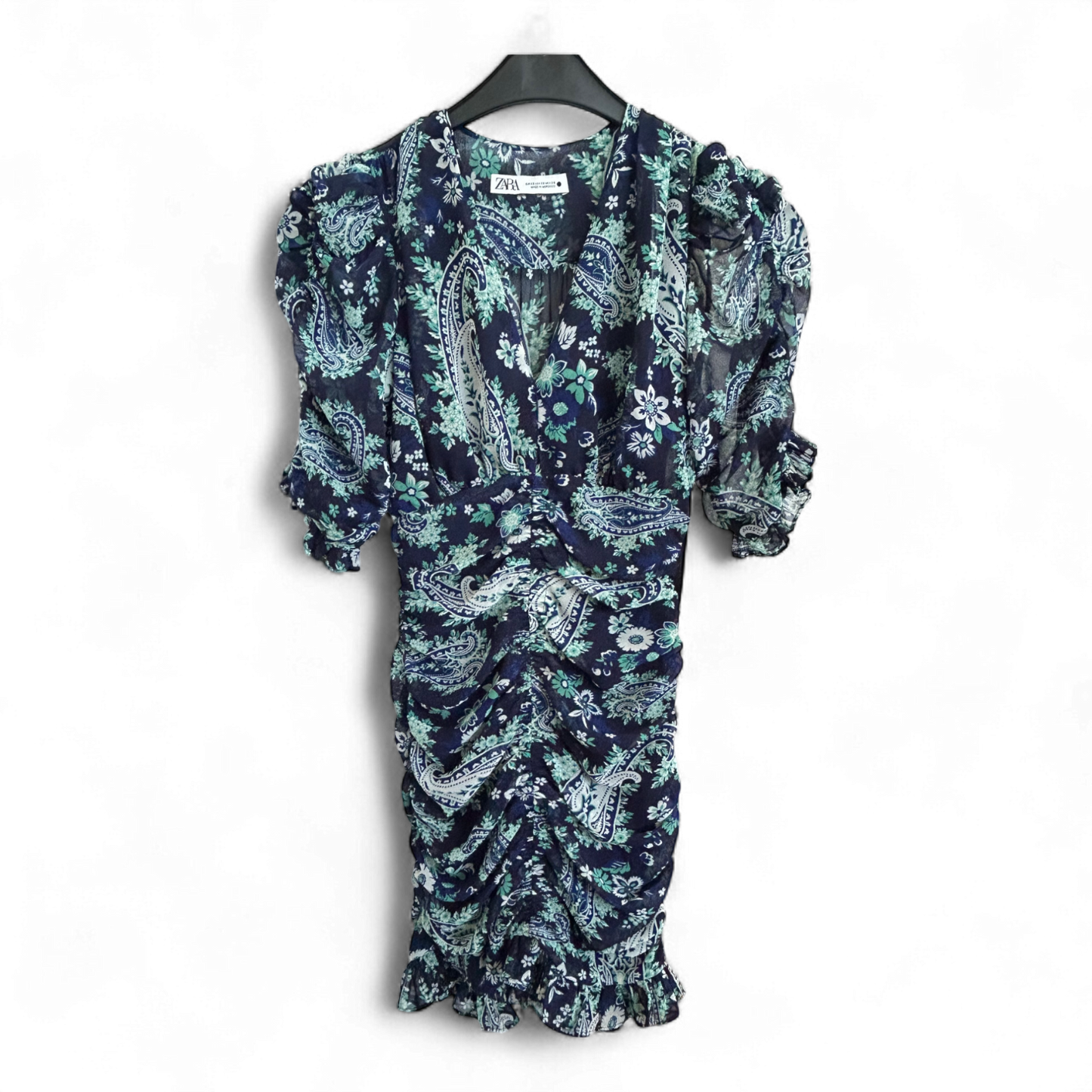 Zara Kleid Damen Dress Damenkleid Gr. XS Blau Grün Paisley Stretch V-Ausschnitt